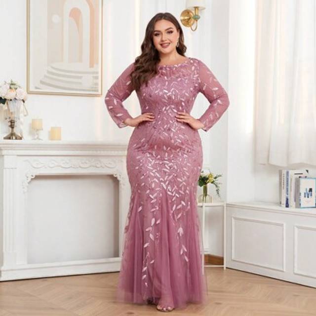 SHEIN Plus Size Embroidered Floral Glitter Sequin Mermaid Hem Prom Dress Elegant Evening Dress,Wedding Guest Dress Party Dress For Graduation, Dinner, All-S