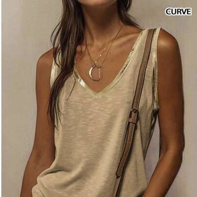 SHEIN Bohemian Resort Wear Plus Size Women&#39;s Plus Size Spring And Summer Fashion Simple Vacation Solid Color Gold Satin Edge Sleeveless V-Neck Vest T-Shirt
