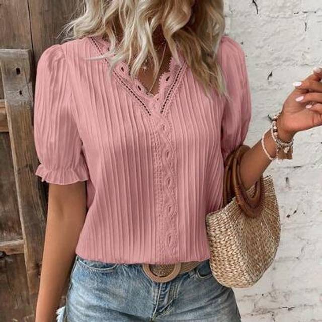 SHEIN Women&#39;s Solid Color V-Neck Lace Patchwork Short Sleeve Vertical Striped Shirt, Fashionable