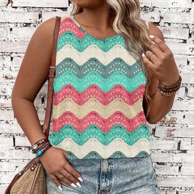 SHEIN Knitting-Inspired Colorful Pattern Plus Size Casual Camisole And Tank Top, Suitable For Music Festivals, Summer