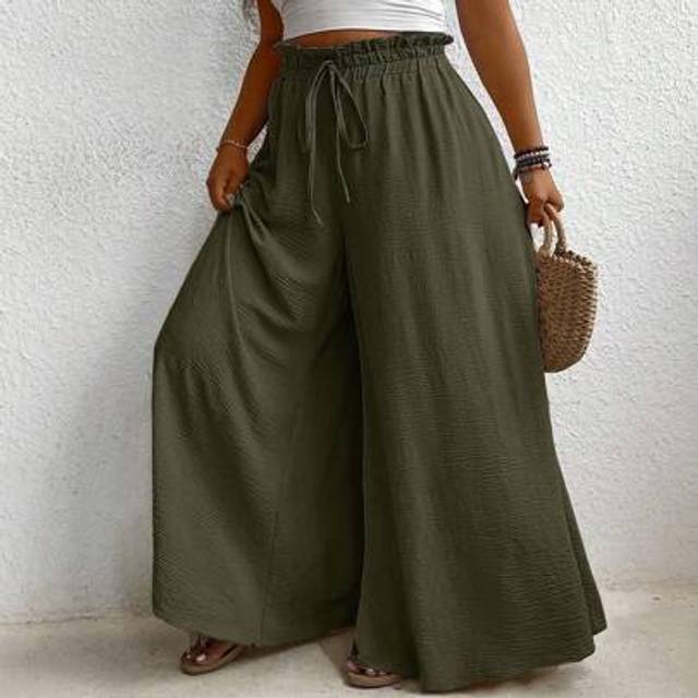 SHEIN Plus Size Solid Color Knotted Paper Bag Waist Loose Wide Leg Casual Pants