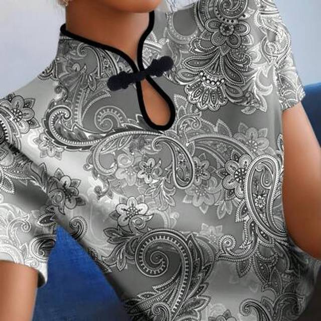 SHEIN Vintage Cheongsam Style Ditsy Floral Blouse, Slim Waist Thin Short Sleeve Top For Women, Spring/Summer