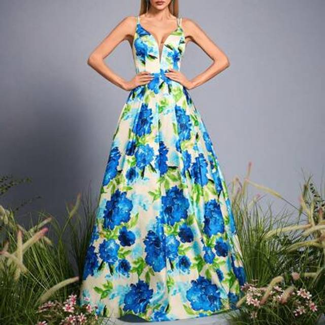 SHEIN Mgiacy-Floral New Arrival V Neck Tank Romantic Bridesmaid Dress Printed Lace Up Crimping Satin A-Line Dress