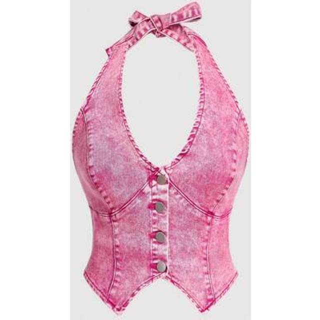 SHEIN Women&#39;s Fashion Low Cut Backless Halter-Neck Denim Top,Christmas, Valentine&#39;s Day, Pink Y2K Elastic Tight Halterneck Sexy Fashionable Denim New Off-Sh