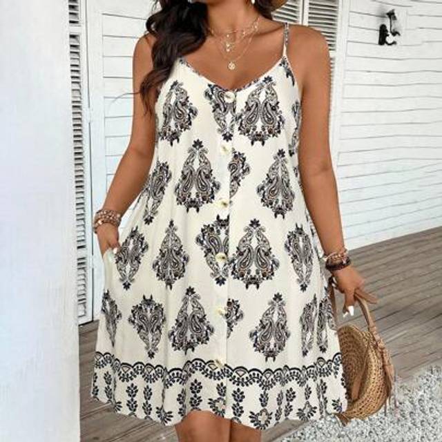 SHEIN Plus Size White Boho Dress With Black Paisley Print, Spaghetti Strap Short Summer Dress With Pockets