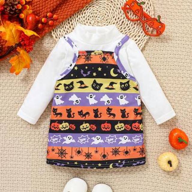 SHEIN Infant Girls&#39; Jumper V-Neck Dress With Novelty Halloween Motif, New 2024 Collection