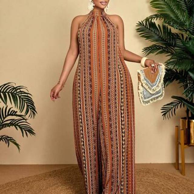SHEIN Women&#39;s Plus Size Summer Sleeveless Halterneck Stripe Print Off-The-Shoulder Wide-Leg Jumpsuit For Vacation & Leisure, Everyday Going Out (Random Prin