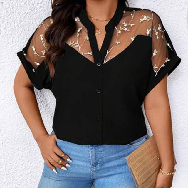 SHEIN Plus Size Women Casual Elegant Romantic V-Neck Contrast Mesh Embroidered Shoulder Sleeve Blouse
