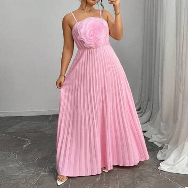 SHEIN Plus Size Women Simple Elegant Pink Solid Color Spaghetti Strap Big Floral Bridesmaid Dress