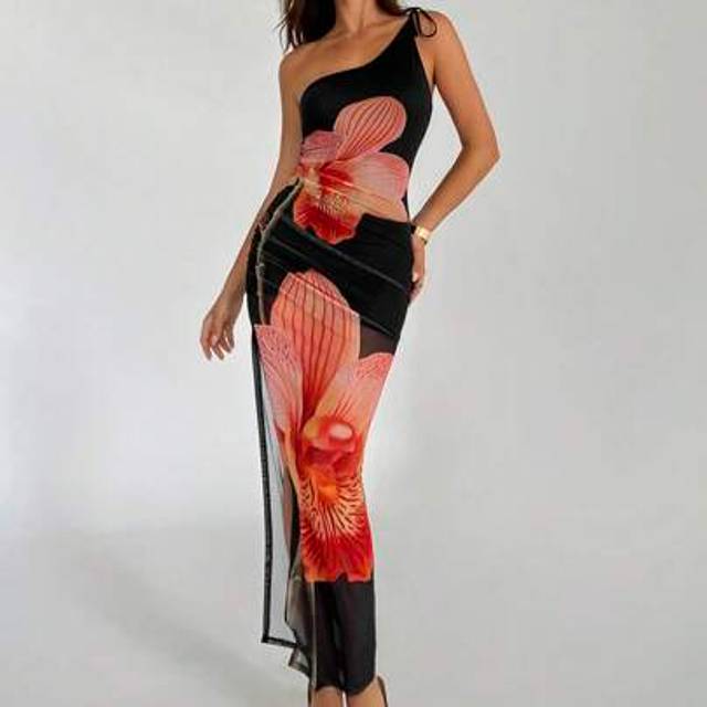 Aloruh 1pc Black Asymmetrical Hem Sleeve Graphic Print Dress, Fairycore