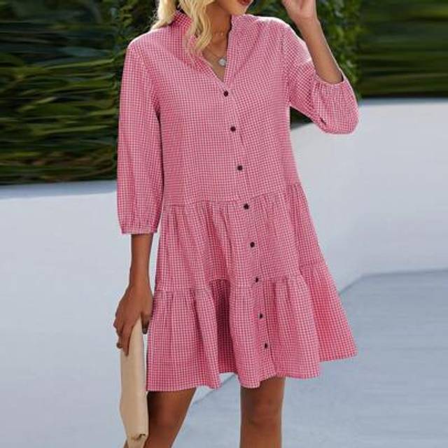 SHEIN Women&#39;s Summer Mini Dresses: Casual V Neck 3/4 Sleeve Button Down Loose Swing Short Shirt Shift Gingham Dress