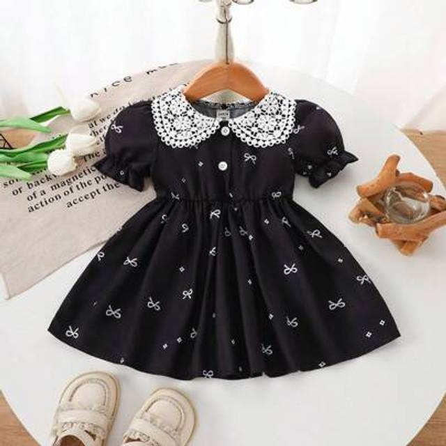 SHEIN Baby Girl Spring&Summer Elegant Style Lace Decoration Collar Short Sleeves Dress