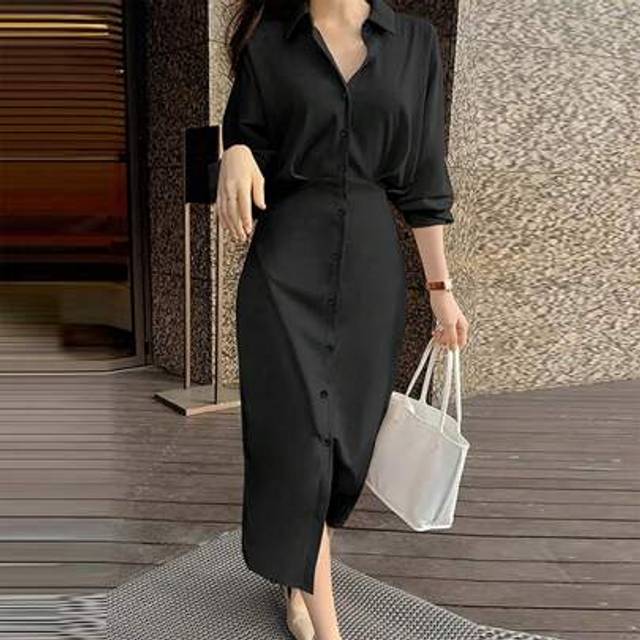 SHEIN Women&#39;s Solid Color Batwing Sleeve Split Hem Casual Office Dress