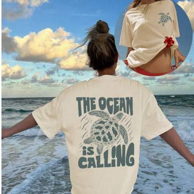SHEIN The Ocean Is Calling & Turtle Print Summer Women&#39;s Oversize Short Sleeve Top, Casual Women&#39;s Clothing, Summer T-Shirts, Summer Tops, Graphic T-Shirts
