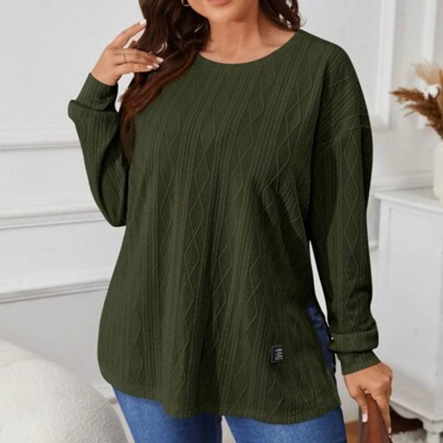 SHEIN Plus Size Solid Color Round Neck Long Sleeve Split Hem Casual T-Shirt
