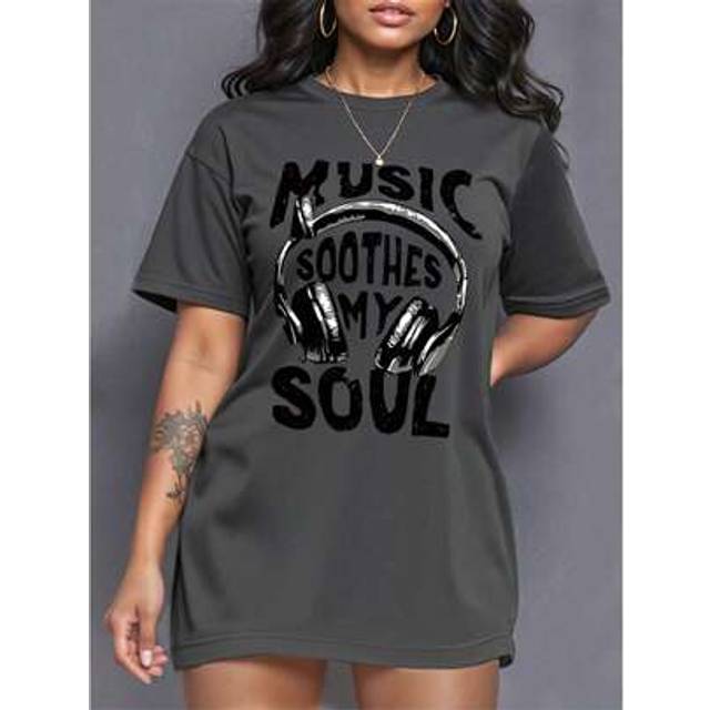 SHEIN Plus Size Summer Casual Headphones Logo Print Short Sleeve T-Shirt