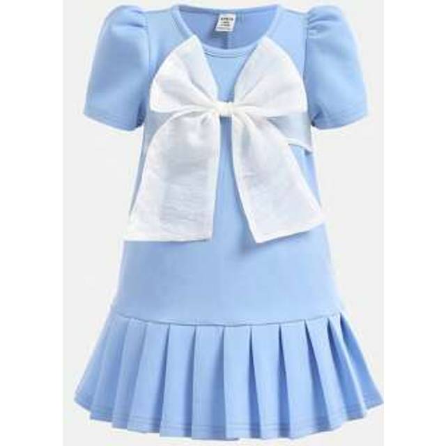 SHEIN Infant Girl Casual Round Neck Contrast Bow Decor Short Sleeve Pleated Hem Dress