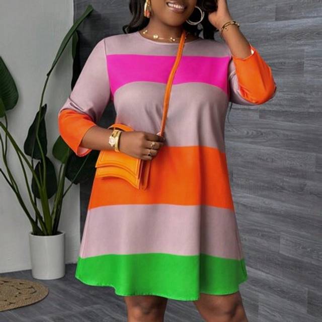 Slaydiva Women Plus Size Striped Printed Flowy A-Line 3/4 Sleeve Casual Short Dress - B