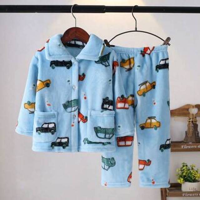 SHEIN Young Boy Car Pattern Dual Pocket Flannel PJ Set