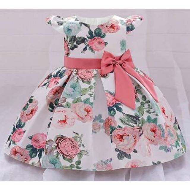 SHEIN Baby Girls&#39; Bow Printed Satin Party Dress, Suitable For Birthday, Banquet, Vacation, Fabric Pattern Varies