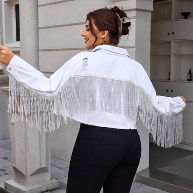 SHEIN Plus Size Solid Color Fringe Decor Distressed Casual Long Sleeve Denim Jacket