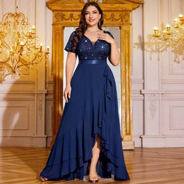 SHEIN Plus Deep V-Neck Sequin Lace Contrast Chiffon Double Layer Ruffle Hem Evening Party Dress, Elegant Prom Formal Wedding Guest Dress, For Birthday, Grad