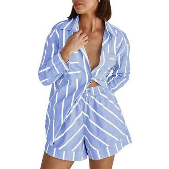 SHEIN 2pcs Women Striped Long Sleeve Shirt Blouse & Shorts Set