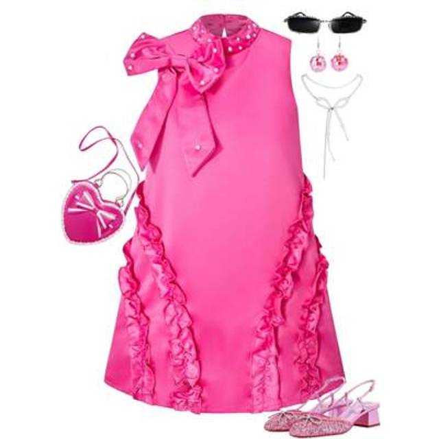 SHEIN Tween Girls&#39; Elegant Beaded Collar Asymmetric Bow Flare Hem Sleeveless Dress, Suitable For Parties, Weddings, Vacation And Events, Spring/Summer