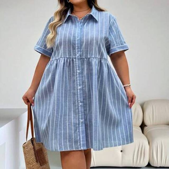 SHEIN Plus Size Women&#39;s Button Front Short Sleeve Striped Casual Short Dress,Pastel Dresses For Women,Business Casual WomanbeachÂOutfitsÂForÂWoman/BeachÂ