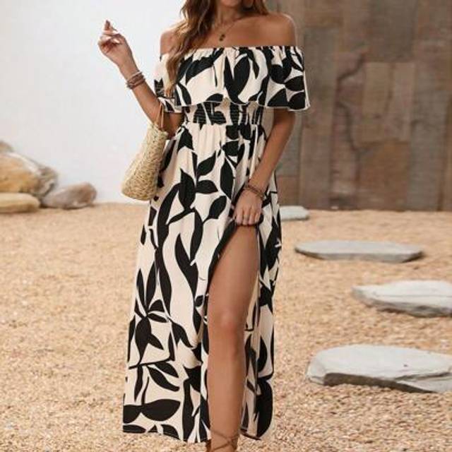 SHEIN French Romantic Off Shoulder Black & White Leaf Print Bodycon Flowing Dress For Women