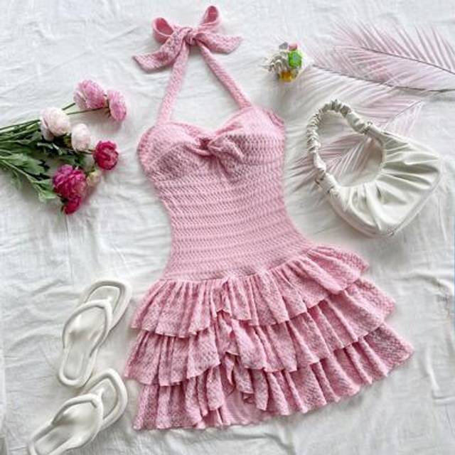 SHEIN Women&#39;s Holiday Powder Pink Elastic Fairy Pleated Chest Cup Halter Tie Back Bow Layered Ruffle Mini Dress, Can Wear Inside Or Outside