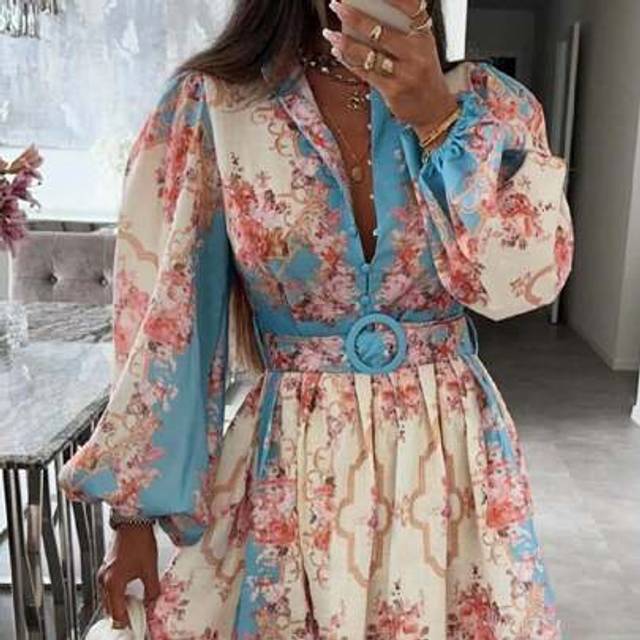 SHEIN Spring And Summer High Quality Women&#39;s Retro Elegant Lace-Up Slim Mid-Length Dress Half-Collar Lantern Sleeve Bohemian Dress