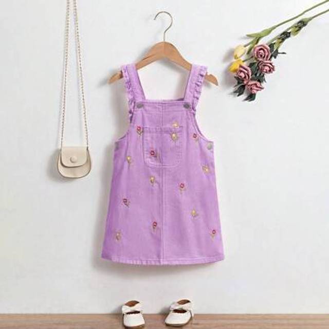 SHEIN Young Girl Floral Embroidery Pocket Patchwork Ruffle Hem Denim Jumper Dress