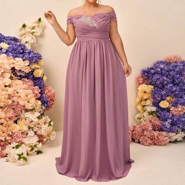 SHEIN Plus Size Elegant Romantic Pink Off-Shoulder Ruffle A-Line Chiffon Long Bridesmaid Dress