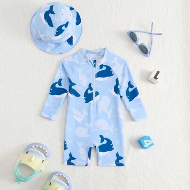 SHEIN Baby Boy Whale Print Long Sleeve Swimsuit With Sunscreen Wide Brim Swim Cap