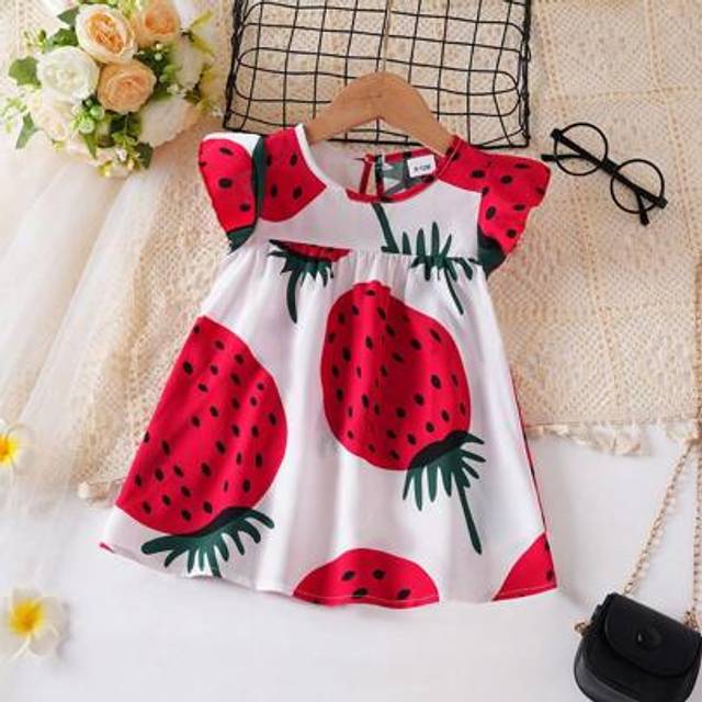 SHEIN Baby Girl Cute Little Cap Sleeve Strawberry Print Princess Dress Suitable For Summer Wear