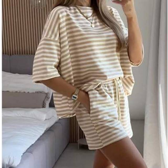 SHEIN 2-Pc Casual Women Striped Print Round Neck Blouse & Shorts Set