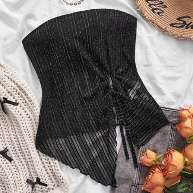 SHEIN Women&#39;s Summer Boho Top  Black Solid Color Knitted Asymmetrical Hem Fitted Camisole Top For Women  Woven Bandeau Top For Women Women Tops Summer Casua