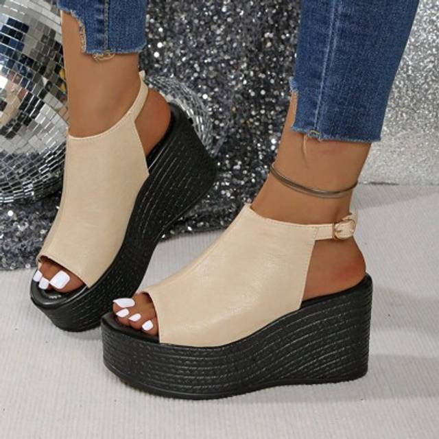 SHEIN Elegant Khaki Wedge Heels With Ankle Strap - See-Through Head Platform Sandals, Comfortable Thick Sole, Suitable For Summer Fashion, Lace-Up Sandals