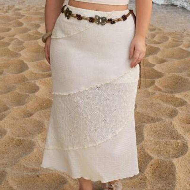 SHEIN Vintage Bohemian Apricot Patchwork Design Maxi Skirt With Belt, Plus Size Woman S Summer Clothes,Beach Vacation Outfits