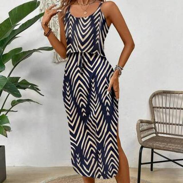 Breezaya Women&#39;s Summer Casual Spaghetti Strap Dress With Tie Waist, Side Split Hem Maxi Women Outfit
