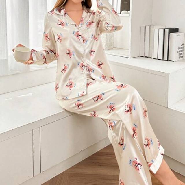 SHEIN Cartoon Bear Imitation Silk Women Pajamas Set