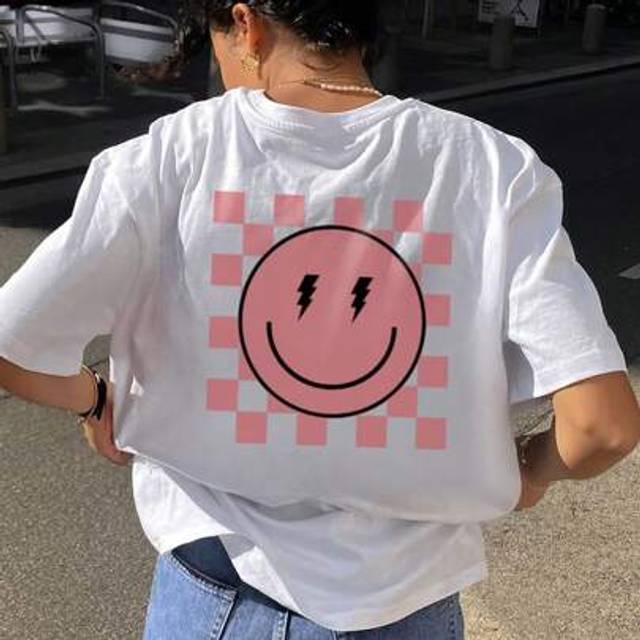 SHEIN Women&#39;s Summer Casual Loose Smiling Face Print Round Neck T-Shirt, Daily Wear