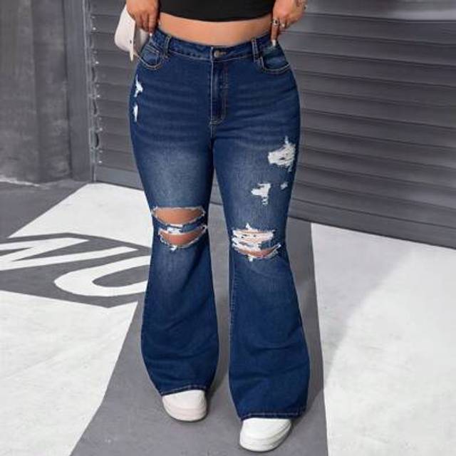 SHEIN Plus Size Women Summer Navy Stretch Skinny Exaggerated Ripped Denim Flare Pants