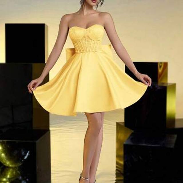 Lovelzi Elegant & Sweet Strapless Romantic Sheer Sequins Lace Embroidered High Waist Slim Fit Adjustable Tie-Back Detachable Bow A-Line Ball Gown, Wedding Gue