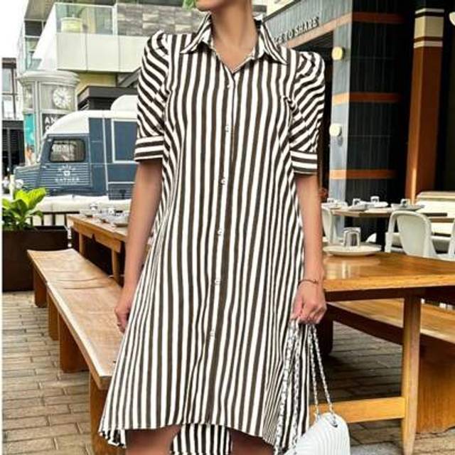 SHEIN 2025 Spring And Summer Fashion Hot Item Elegant Casual Black And White Striped Contrast Single-Breasted Women&#39;s Dress