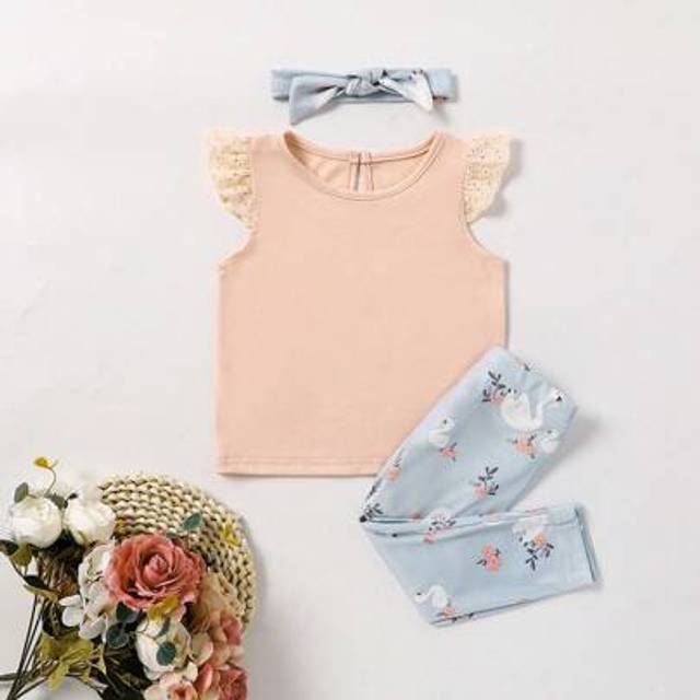 SHEIN 3pcs Baby Girls&#39; Cute Lace Headband, Flounce Sleeve Top & Leggings Comfortable Homewear Set Girls Outfit Sets Baby Outfits For Baby Girls Outfits For