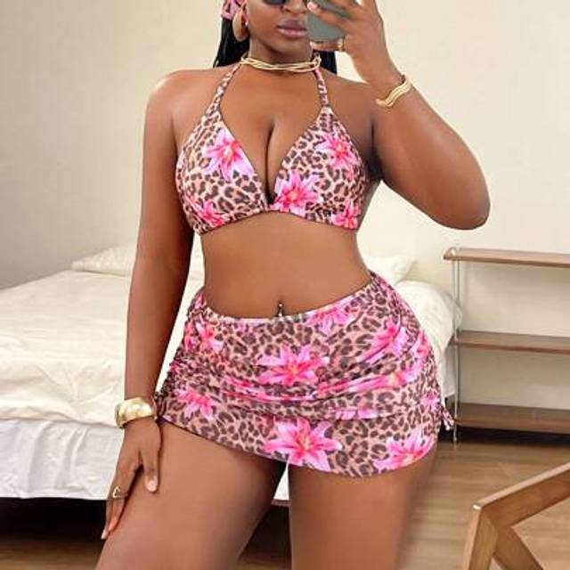 Slaydiva Plus Size Women 4pcs Set: Random Print Halter Strap Triangle Bikini Set With Matching Print Drawstring Hem Skirt And Hat For Summer Beach Vacation