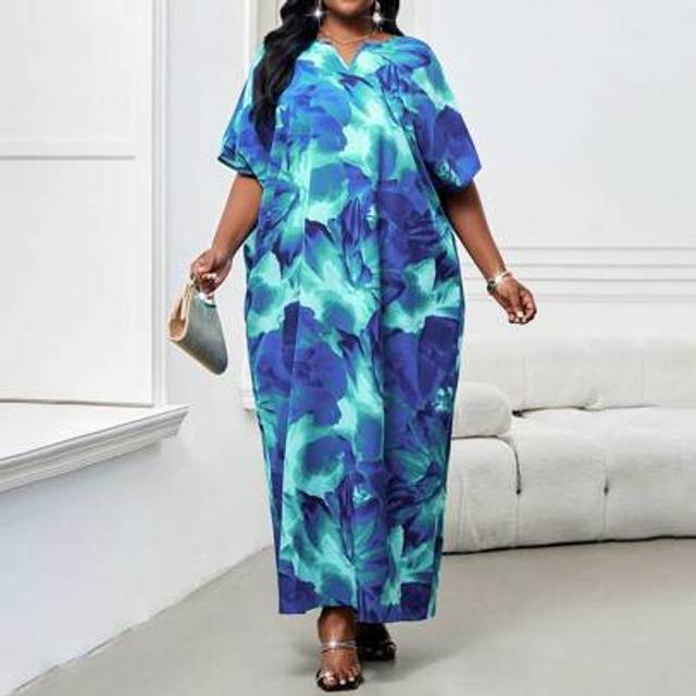 SHEIN ÂSpring And Summer Autumn And Winter Elegant Navy Blue Woven Notched Kaftan Dress Plus Size Dresses