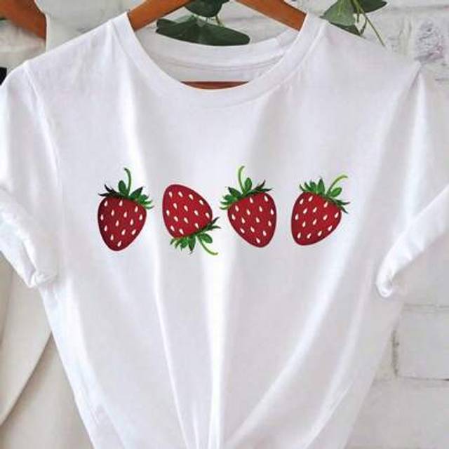 SHEIN Women&#39;s Strawberry Printed Round Neck Short Sleeve Casual T-Shirt, Summer